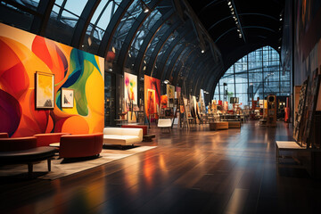 Elegant and spacious modern art gallery interior with vibrant abstract paintings, stylish...