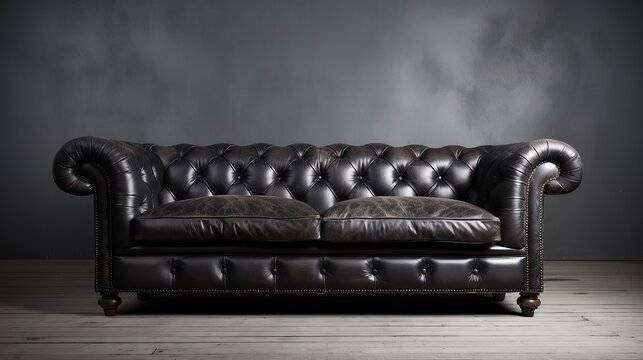 Dark couch in empty room setting.
