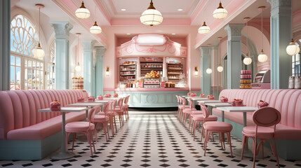 Elegant and stylish bakery interior with plush pink seating, checkered floor, and a vintage pastel palette.