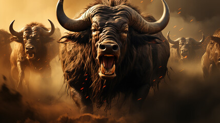 A ferocious buffalo bellows aggressively while leading a stampeding herd through a dusty savannah at dusk.