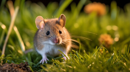 A common vole mouse sits on the grass in the garden at night, Microtus arvalis. generative ai