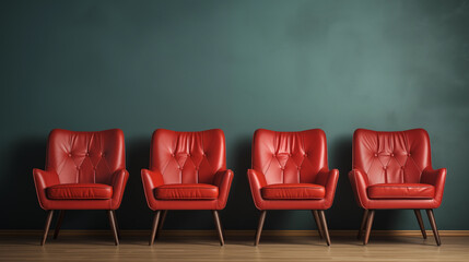 A row of four red retro-style armchairs on green wall background