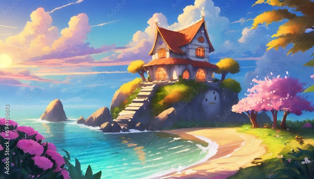 Wall mural fantasy island anime landscape house anime art illustration