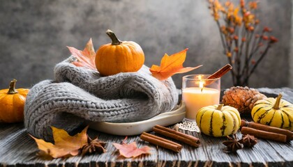 cozy autumn composition with aromatic candle pumpkins wool sweater leaves cinnamon aromatherapy on a grey fall morning home atmosphere of cosiness and relax wooden background close up