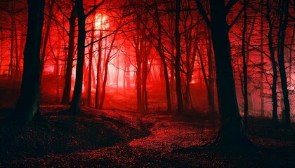 horror forest scene red light in scary night landscape