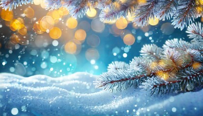 Fototapeta na wymiar beautiful winter background image of frosted spruce branches and small drifts of pure snow with bokeh christmas lights and space for text