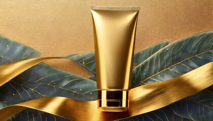 golden plastic cosmetic tube for cream or gel mockup background