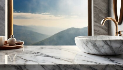 a marble sky counter table and a modern house bathroom beautiful light background inserted through the window minimalist concept of mockup and advertising - obrazy, fototapety, plakaty