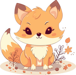 fox in kawaii style on the background of branches with leaves. vector illustration