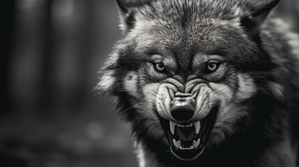 A greyscale closeup shot of an angry wolf with a blurred background. generative ai