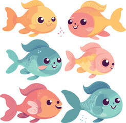 set of colorful fish in kawaii style. vector illustration
