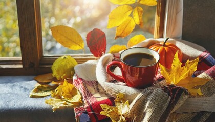 Naklejka na ściany i meble cozy warm autumn composition with cup of hot coffee cozy plaid blanket and autumn leaves by a window on sunny day autumn home decor fall mood thanksgiving halloween