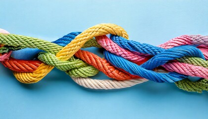top view of colorful ropes tied together on light blue background space for text