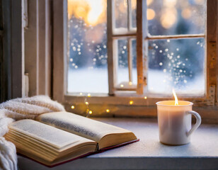 A cozy winter window with a book, candle and mug