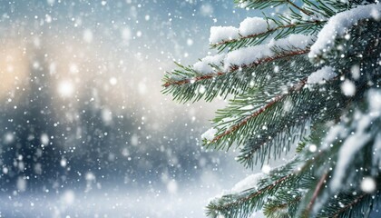 winter background falling snow on pine tree branches copy space