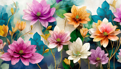 Abstract background with colorful flowers, modern luxury mural wall art illustration