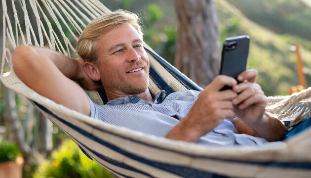 Adult man laying in hammock using mobile phone during summer vacation - Powered by Adobe