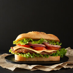 Big sandwich on black background with copy space