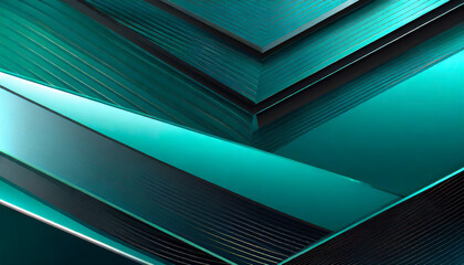 Black dark blue green teal cyan petrol jade abstract background. Geometric shape. 3d effect. Line triangle angle polygon wave. Color gradient. Light glow neon flash metal metallic - obrazy, fototapety, plakaty