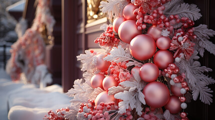 Close-up of a snow-covered Christmas tree adorned with red baubles and festive decorations near a home exterior.