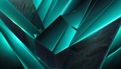 Obraz premium Black dark blue green teal cyan petrol jade abstract background. Geometric shape. 3d effect. Line triangle angle polygon wave. Color gradient. Light glow neon flash metal metallic
