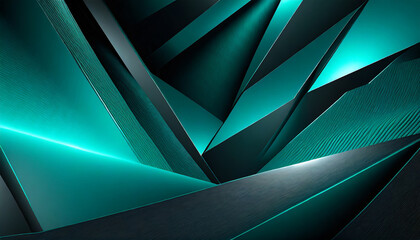 Black dark blue green teal cyan petrol jade abstract background. Geometric shape. 3d effect. Line triangle angle polygon wave. Color gradient. Light glow neon flash metal metallic