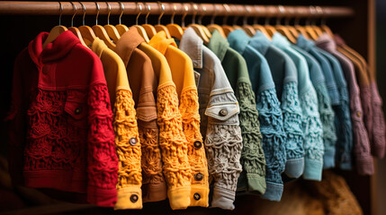 A selection of colorful jackets neatly arranged on hangers in a store, showcasing various textures and styles.
