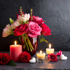 Obraz na płótnie Canvas copy space on a Beautiful valentine composition spring flowers and candles with dark stone background