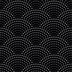 Wavy seamless pattern with geometrical fish scale layout. Silver circles on a black background. Fan shaped seigaiha pattern  © L. Kramer