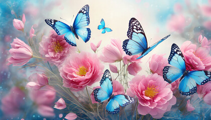 floral romantic abstract background of pink flowers with blue butterflies