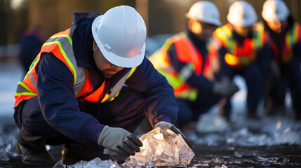 A construction worker in a helmet and safety vest concentrates on breaking ice at an outdoor site in winter.