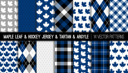 Maple Leaf, Tartan Plaid,  Argyle and Hockey Jersey Texture Seamless Vector Patterns in Blue, White, Grey and Black. Sports Theme Backgrounds. Repeating Pattern Tile Swatches Included. - 694112689