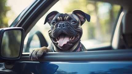 A photo of a French bulldog dog in a car, sticking its muzzle out of the window