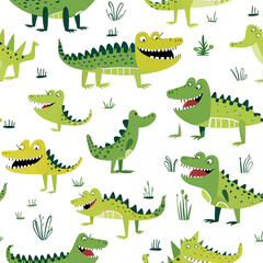 Obraz premium Hand drawn seamless pattern with animals cute dinosaurs leaves for kids