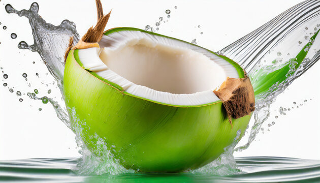 Green coconut with coco nut water splash isolated on white background.