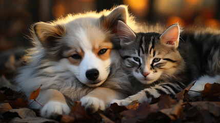A serene dog and cat snuggle together among autumn leaves during golden hour, displaying a bond of companionship.