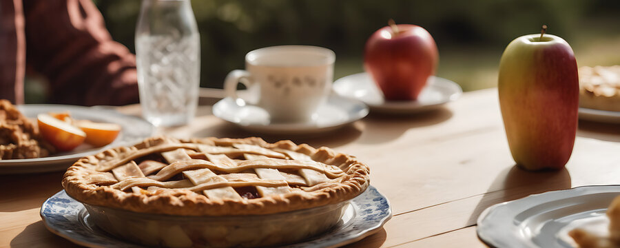 A Delicious Apple Pie Sits At A Dining Table Surrounded By Friends And Family Sharing A Warm, Inviting Meal In The Sunlight