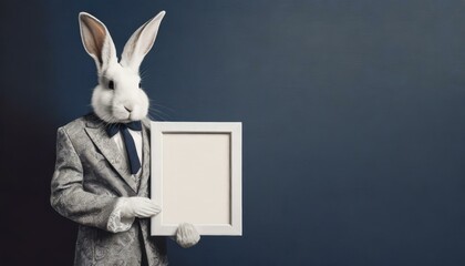 Hase / Weißes Kaninchen in Vintage-Anzug präsentiert einen leeren Bilderrahmen vor blauer Wand. Mockup. Fotorealistische Illustration. Hintergrund - obrazy, fototapety, plakaty