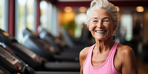 Fototapeta premium Radiant Senior Woman with White Hair Smiling in Gym, Representing Active Lifestyle and Healthy Aging