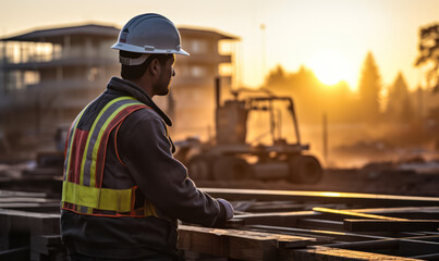 Construction site at sunrise with a silhouetted worker wearing a safety helmet and reflective vest overseeing progress - obrazy, fototapety, plakaty