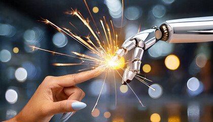 The human finger delicately touches the finger of a robot's metallic finger, sparks ignite between...