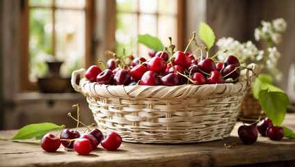 Fresh tasty cherries in a basket on a kitchen background