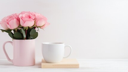 still life with pink tulips and cup of coffee