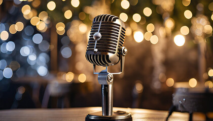 a close-up of a vintage luxurious microphone on a stand in a singing performance club, fairy lights and bokeh in the background. Jazz music cozy atmosphere