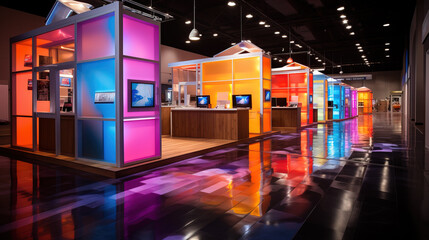 Vibrant and modern trade show interior with illuminated, colorful booths and glossy floor reflections.