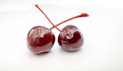 Maraschino Cherries isolated on a white background with copy space.