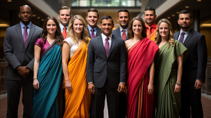 A smiling group of professionals in a mix of traditional Indian attire and western business suits poses in a corporate setting.