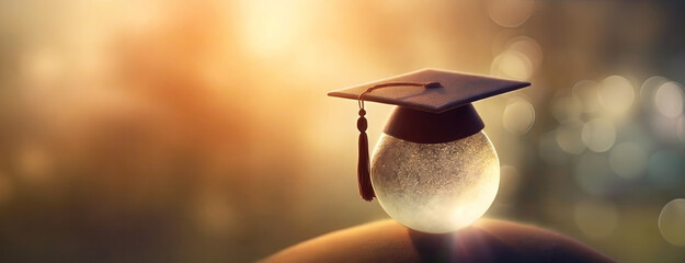 Graduation Cap in Golden Evening Light. Glowing globe against a soft-focused golden backdrop, symbolizing the enlightening journey of education.