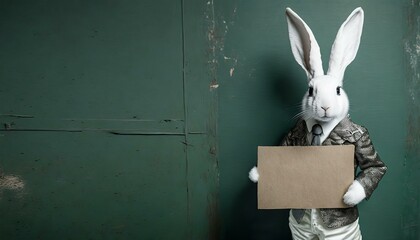 Weißer Hase / weißes Kaninchen in hellem Anzug hält leeres Schild aus Karton / Pappe vor sich. Mockup. Zum selbst beschriften. Vor dunkelgrüner Wand. Fotorealistische Illustration. Hintergrund - obrazy, fototapety, plakaty