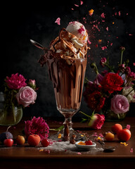 
Chocolate ice cream in a vase with a little splashing effect splashing topping blurring the background AI Generated